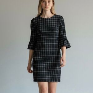 Banana Republic 14 Black Plaid Bell Sleeve Boat Neck Dress Retro Chic Preppy